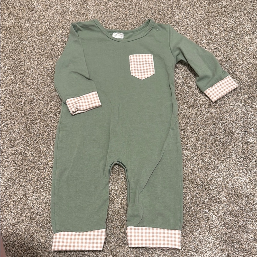 Green Baby Romper with Checkered Accents